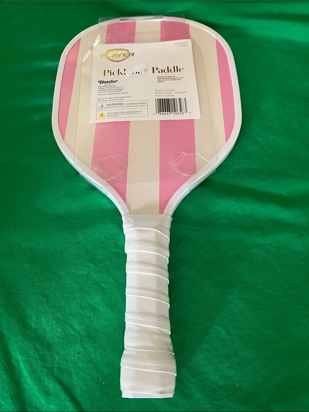 Hunter Pink and Cream Striped Party Paddle with White Wrapped Handle